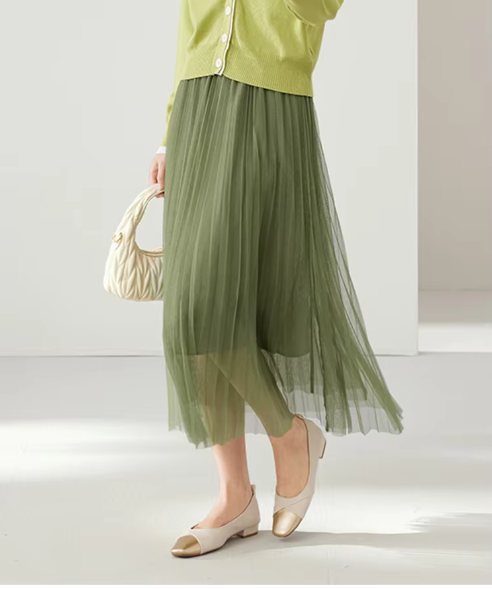 Mesh Elastic Waist Office Siwng Solid Vintage And Beautiful Midi Skirts Mssza