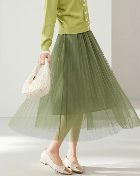 Mesh Elastic Waist Office Siwng Solid Vintage And Beautiful Midi Skirts Mssza