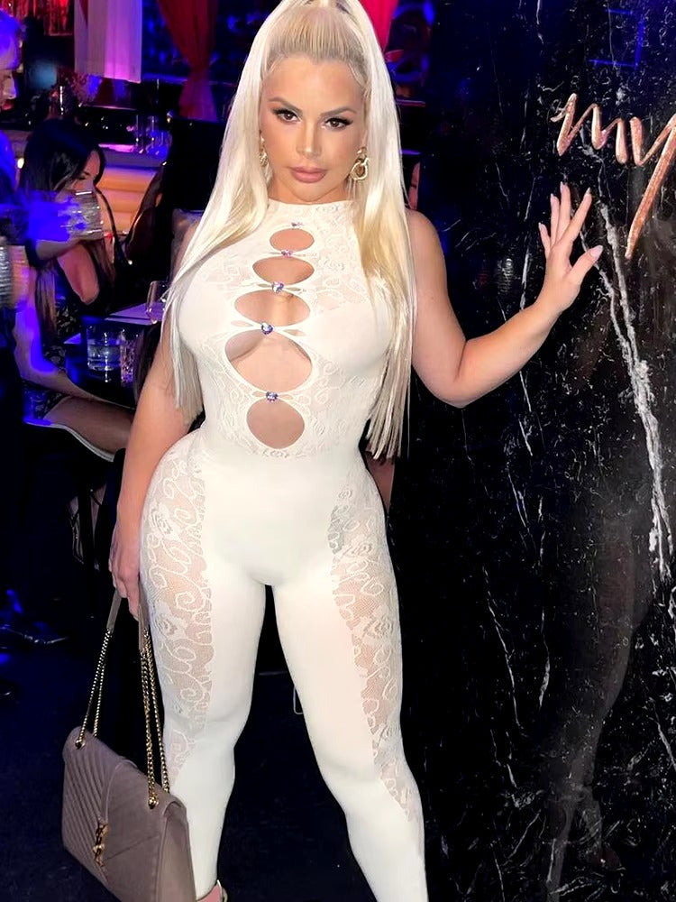 Trendy Mesh Jacquard Weave Cut Out See Through Slim Overalls Jumpsuit Mssza
