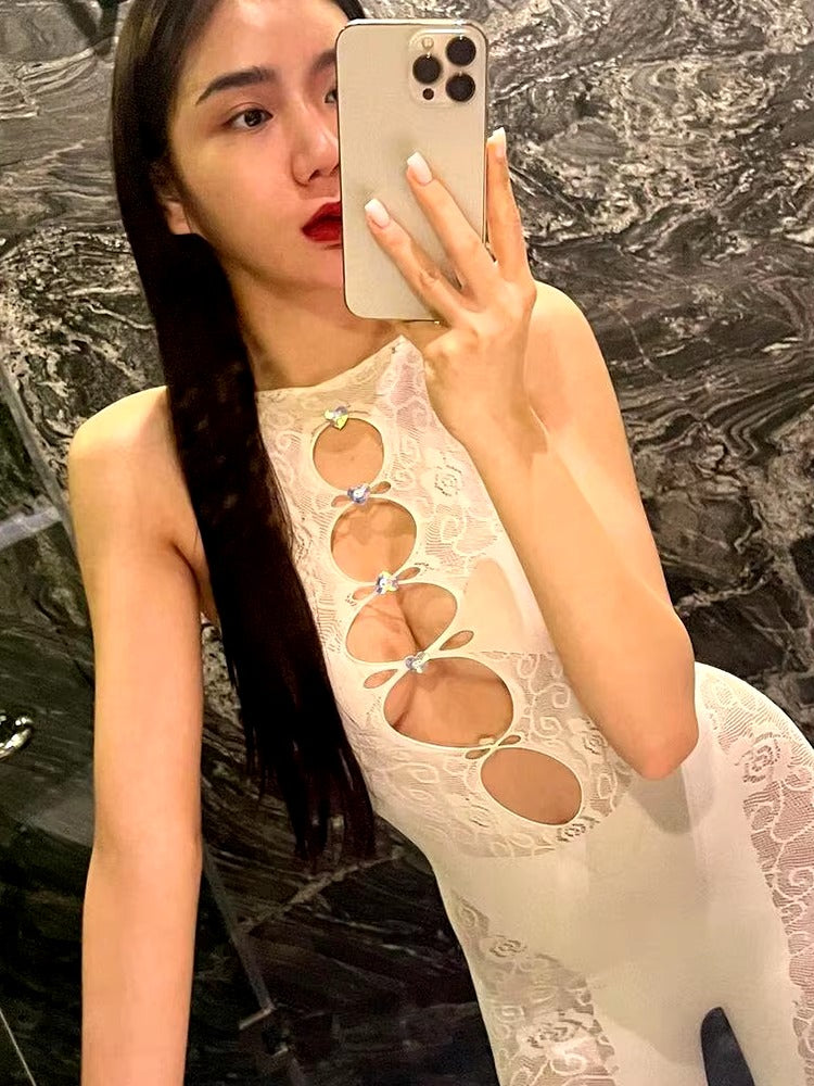 Trendy Mesh Jacquard Weave Cut Out See Through Slim Overalls Jumpsuit Mssza