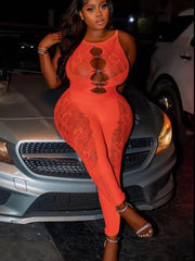 Trendy Mesh Jacquard Weave Cut Out See Through Slim Overalls Jumpsuit Mssza