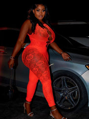 Trendy Mesh Jacquard Weave Cut Out See Through Slim Overalls Jumpsuit Mssza