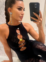 Trendy Mesh Jacquard Weave Cut Out See Through Slim Overalls Jumpsuit Mssza