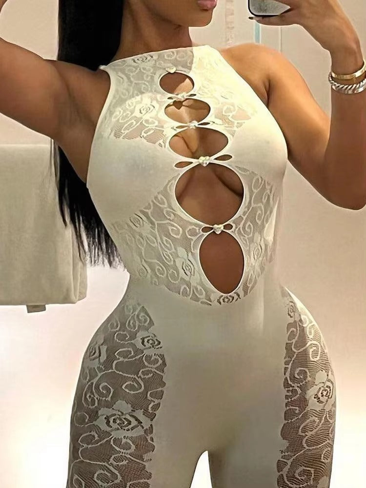 Trendy Mesh Jacquard Weave Cut Out See Through Slim Overalls Jumpsuit Mssza