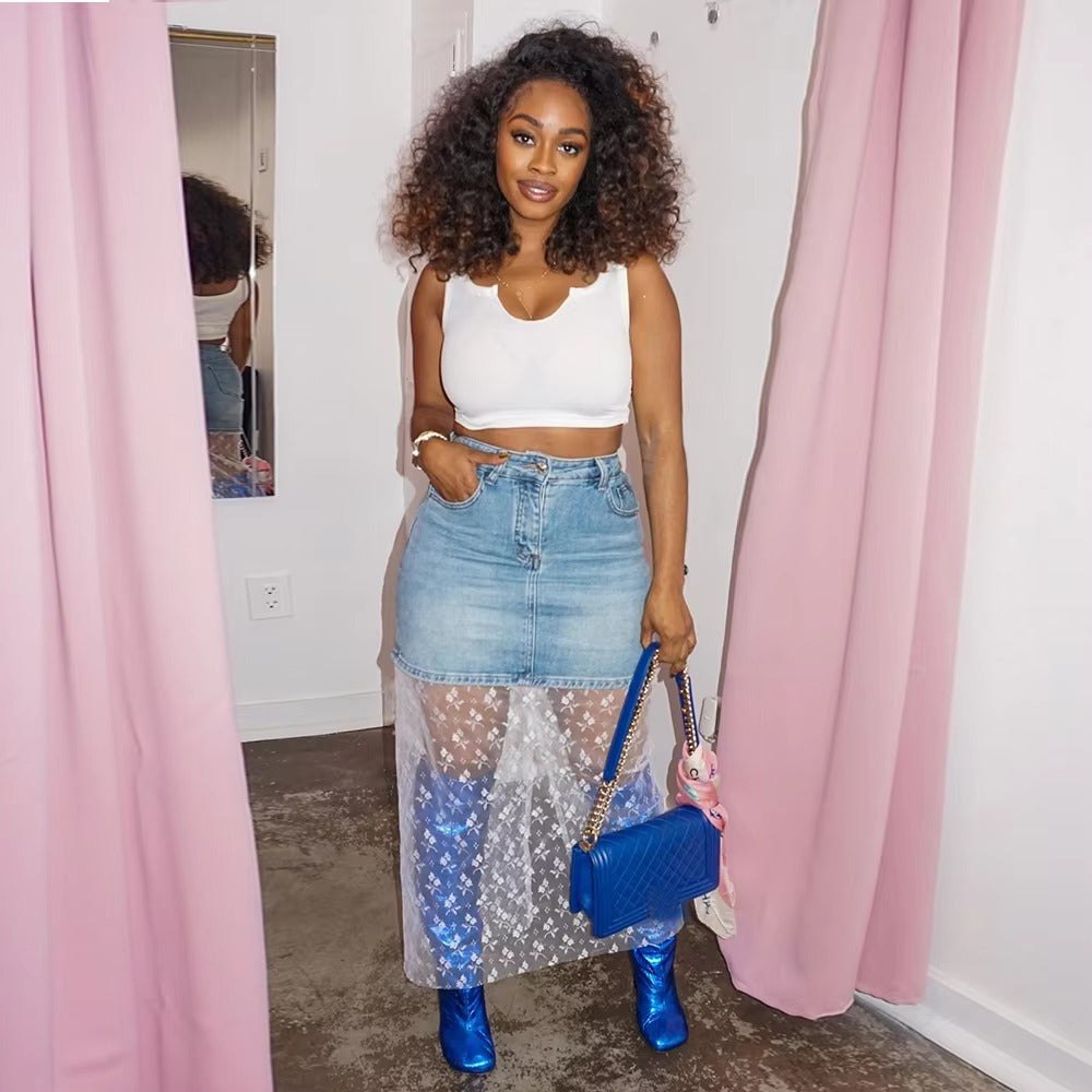 Mesh Patchwork empire Waist See Through Punk Denim Maxi Skirts Mssza