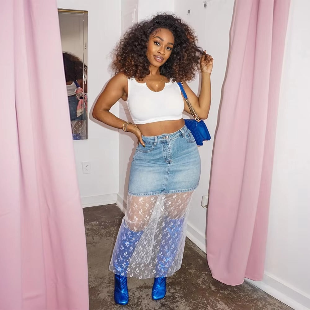 Mesh Patchwork empire Waist See Through Punk Denim Maxi Skirts Mssza