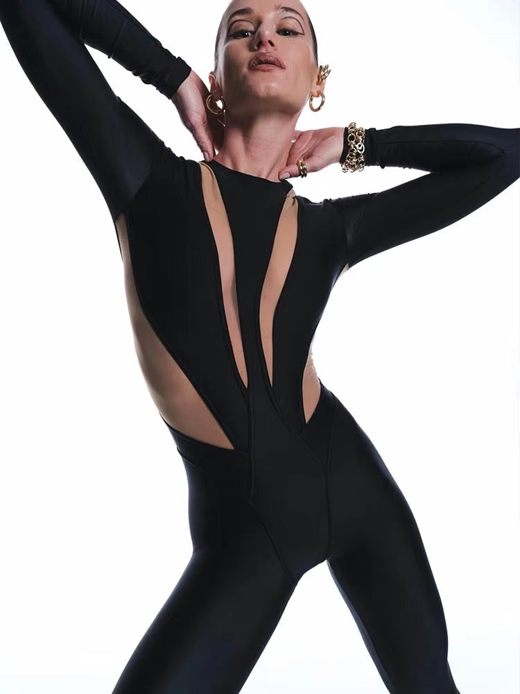 Mesh Patchwork O Neck Long Sleeve Skinny High Waist Jumpsuits Rompers Mssza