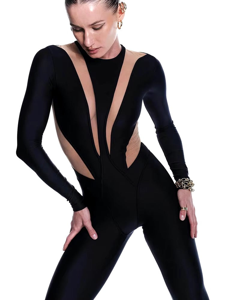 Mesh Patchwork O Neck Long Sleeve Skinny High Waist Jumpsuits Rompers Mssza