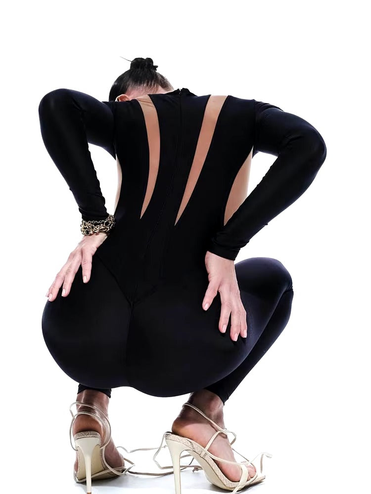 Mesh Patchwork O Neck Long Sleeve Skinny High Waist Jumpsuits Rompers Mssza