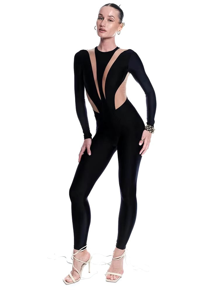 Mesh Patchwork O Neck Long Sleeve Skinny High Waist Jumpsuits Rompers Mssza