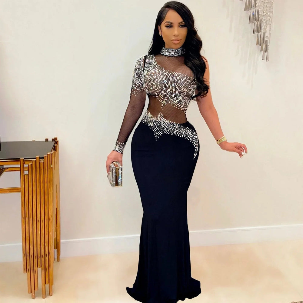 Mesh Rhinestone Elegant And Pretty Single Sleeve Maxi Party Gown Bodycon Womens Gown Dress Mssaz Desses
