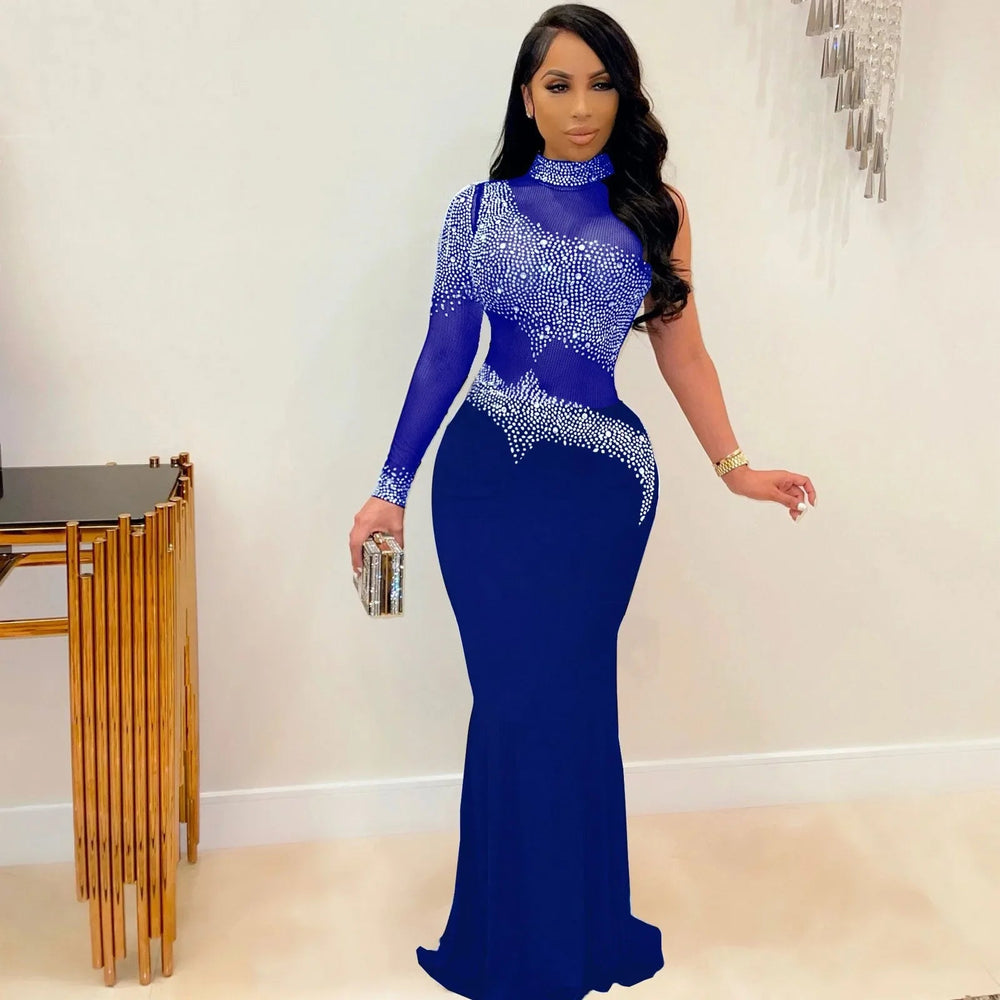 Mesh Rhinestone Elegant And Pretty Single Sleeve Maxi Party Gown Bodycon Womens Gown Dress Mssaz Desses