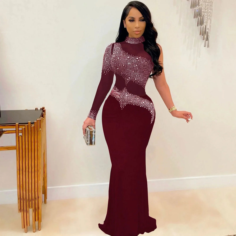 Mesh Rhinestone Elegant And Pretty Single Sleeve Maxi Party Gown Bodycon Womens Gown Dress Mssaz Desses