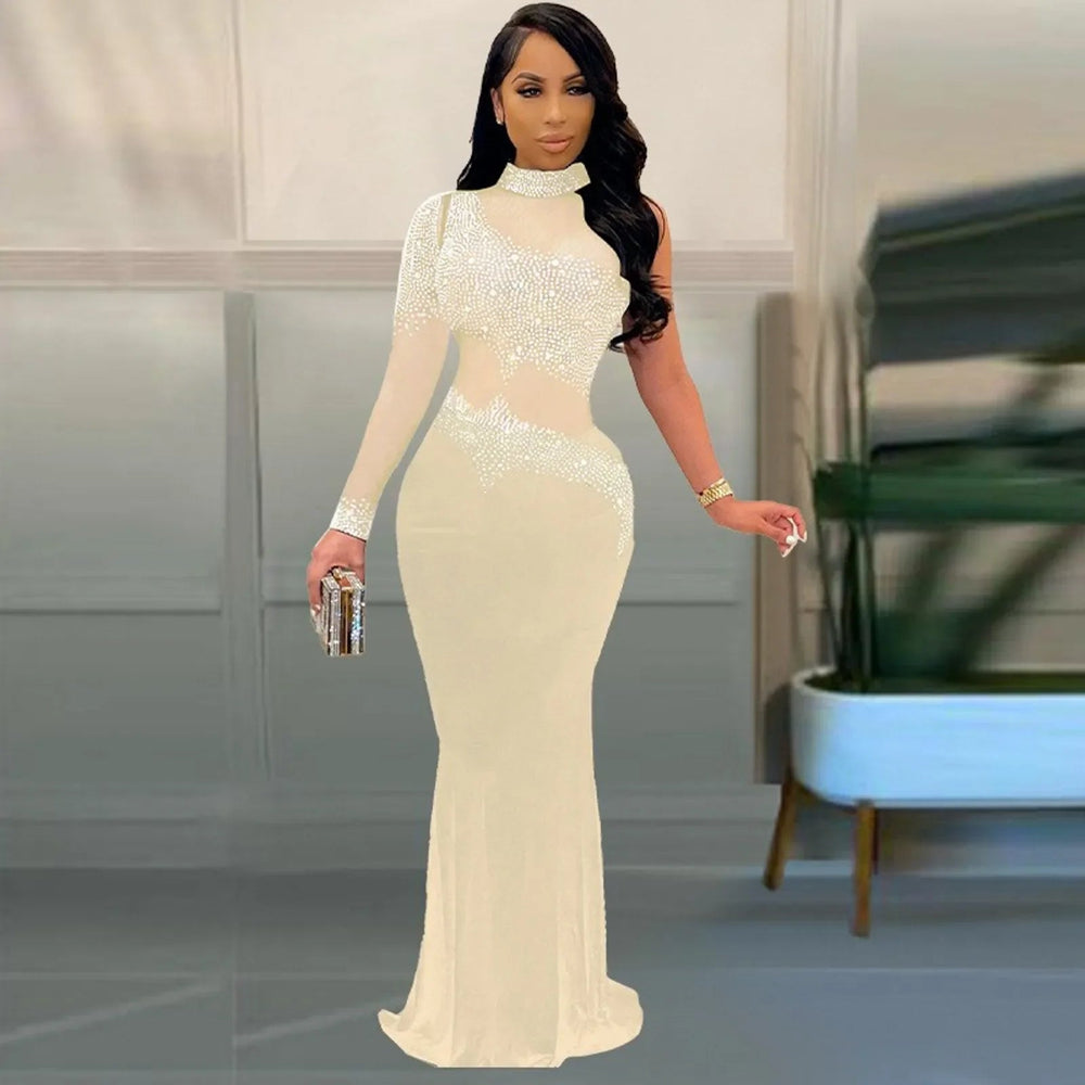 Mesh Rhinestone Elegant And Pretty Single Sleeve Maxi Party Gown Bodycon Womens Gown Dress Mssaz Desses