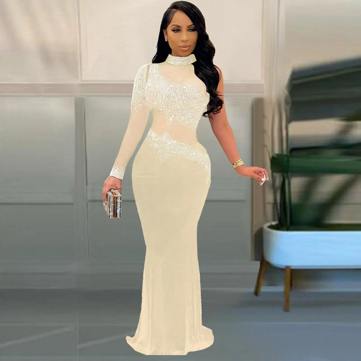 Mesh Rhinestone Elegant And Pretty Single Sleeve Maxi Party Gown Bodycon Womens Gown Dress Mssaz Desses