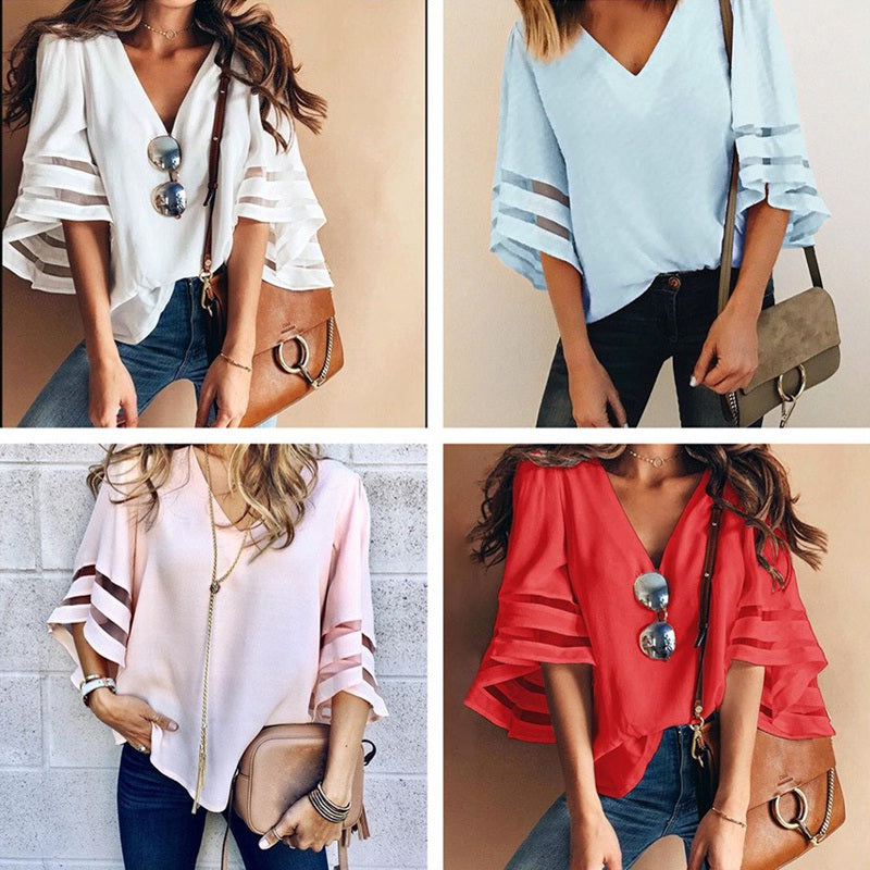 Mesh Stitching V-neck Flare Sleeve Lace Chiffon Blouse Mssza