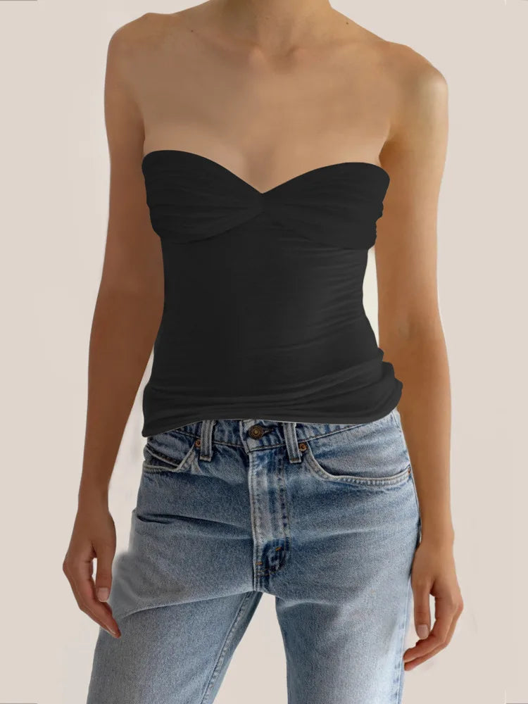 Mesh Strapless Crop Top Bustier Off-shoulder Sleeveless Tank Tops Knit Cropped Top Mssza