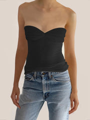 Mesh Strapless Crop Top Bustier Off-shoulder Sleeveless Tank Tops Knit Cropped Top Mssza