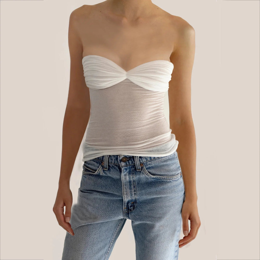 Mesh Strapless Crop Top Bustier Off-shoulder Sleeveless Tank Tops Knit Cropped Top Mssza