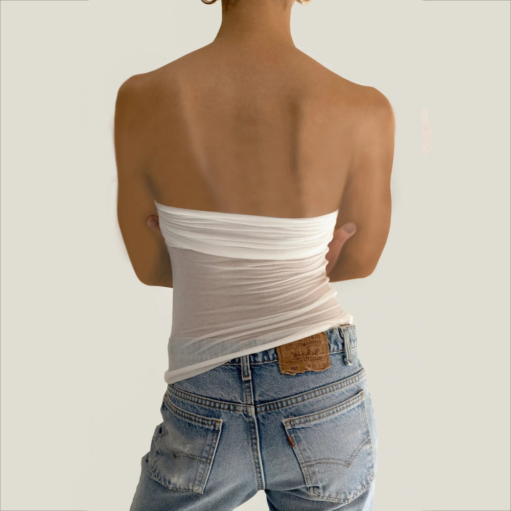 Mesh Strapless Crop Top Bustier Off-shoulder Sleeveless Tank Tops Knit Cropped Top Mssza
