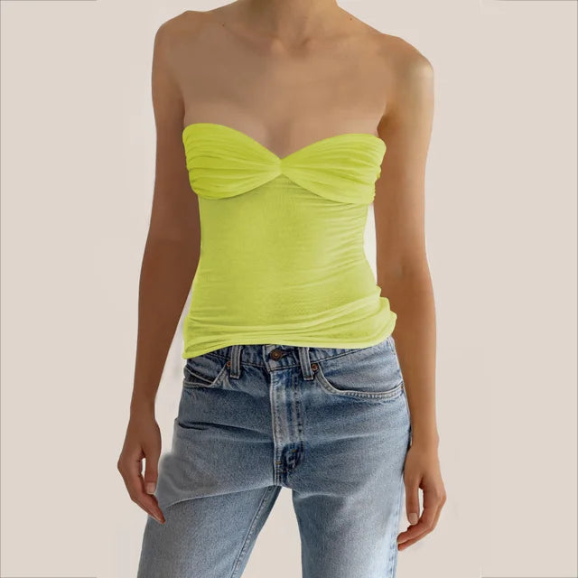 Mesh Strapless Crop Top Bustier Off-shoulder Sleeveless Tank Tops Knit Cropped Top Mssza