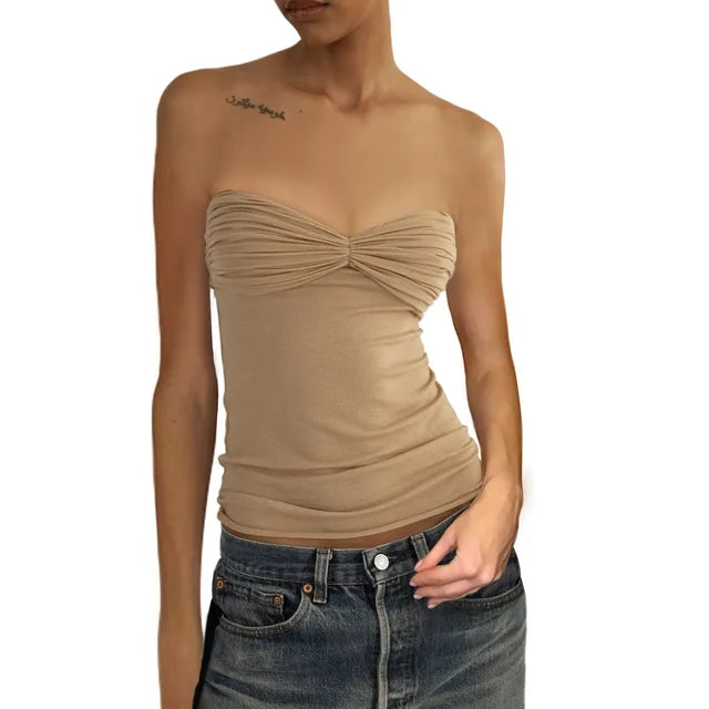 Mesh Strapless Crop Top Bustier Off-shoulder Sleeveless Tank Tops Knit Cropped Top Mssza