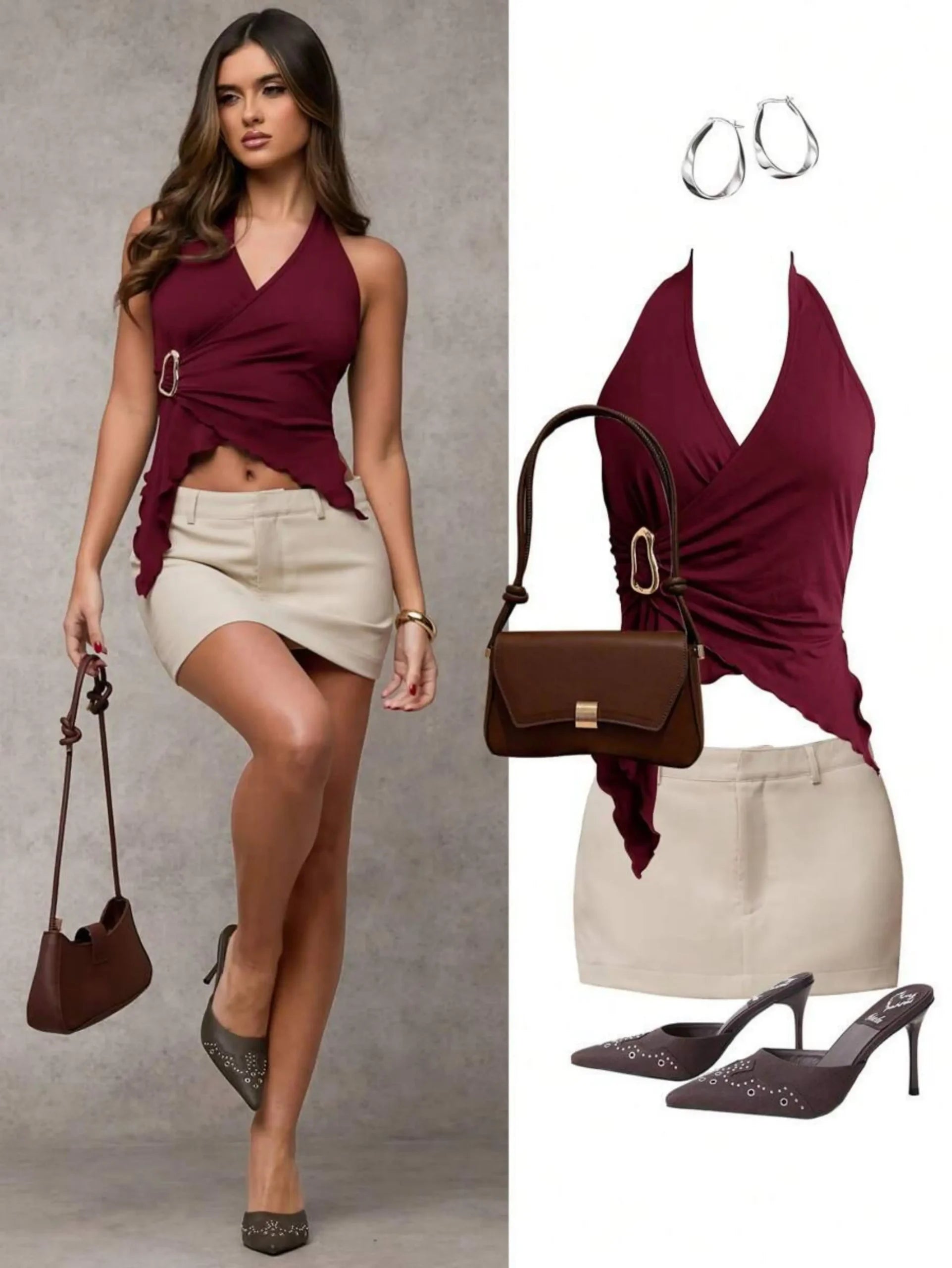 Metal Buckle Asymmetrical Design Folded V-Neck Streetwear Knitted Halter Top Mssza