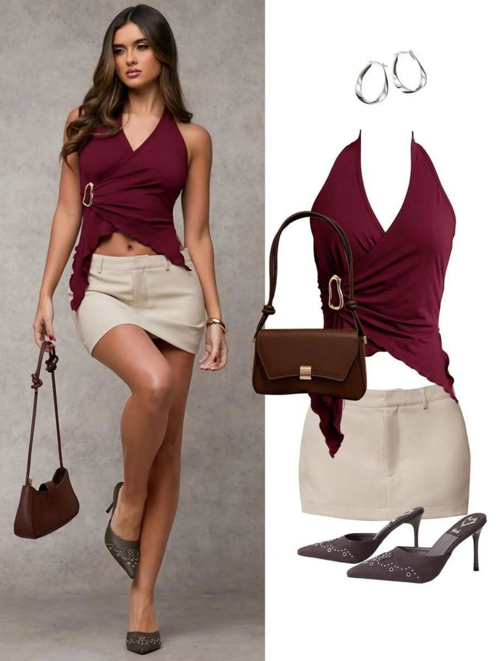 Metal Buckle Asymmetrical Design Folded V-Neck Streetwear Knitted Halter Top Mssza
