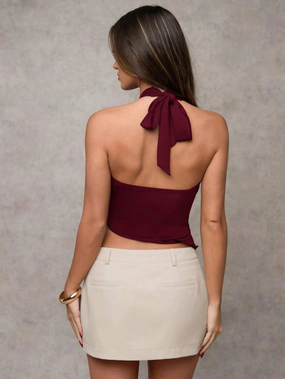 Metal Buckle Asymmetrical Design Folded V-Neck Streetwear Knitted Halter Top Mssza