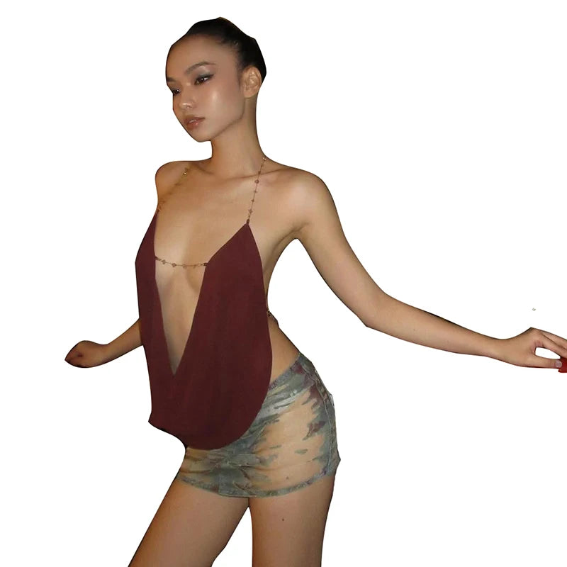 Metal Decorative Chain Swing Collar Halter Backless Sleeveless Camisole Tops Mssza