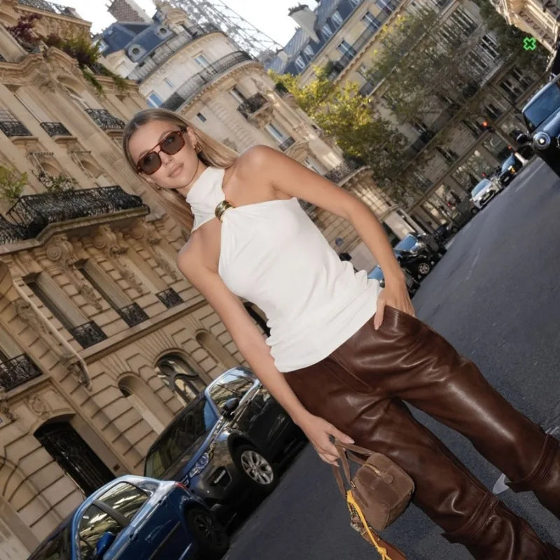 Metal Ring Solid Sleeveless Patchwork Vacation Slim Party Elegant Top Mssza