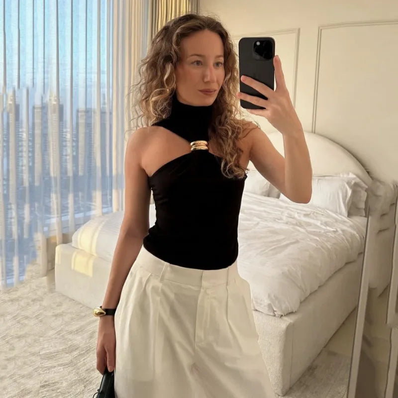 Metal Ring Solid Sleeveless Patchwork Vacation Slim Party Elegant Top Mssza