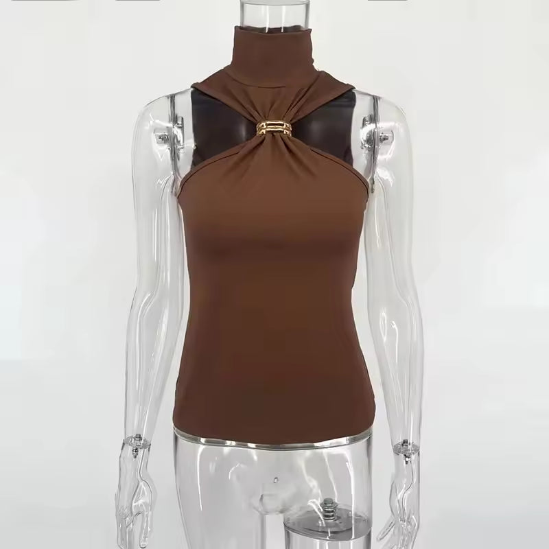 Metal Ring Solid Sleeveless Patchwork Vacation Slim Party Elegant Top Mssza