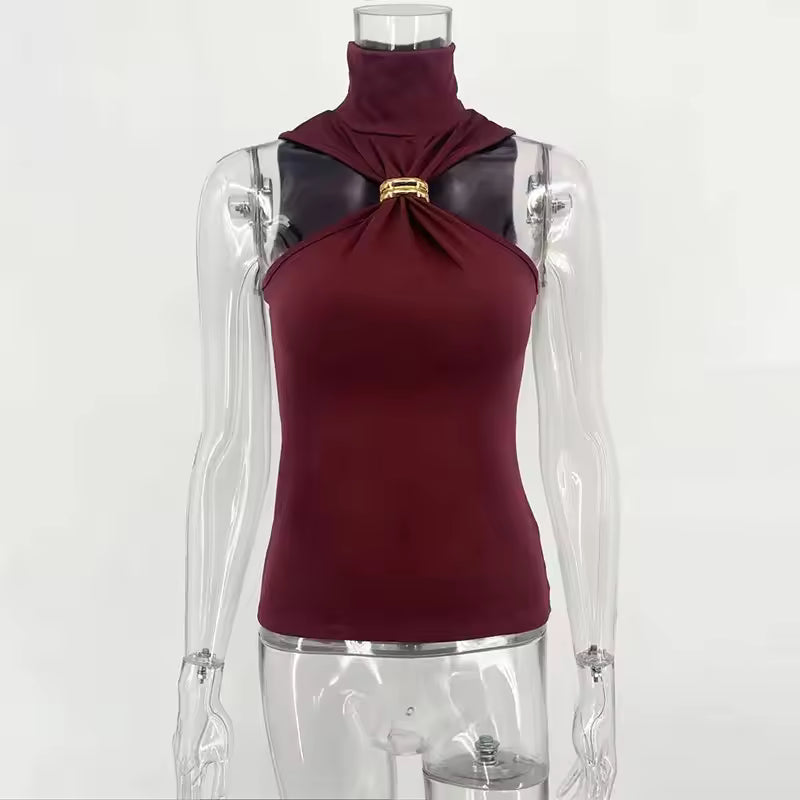 Metal Ring Solid Sleeveless Patchwork Vacation Slim Party Elegant Top Mssza