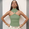 Metal Ring Solid Sleeveless Patchwork Vacation Slim Party Elegant Top Mssza