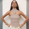 Metal Ring Solid Sleeveless Patchwork Vacation Slim Party Elegant Top Mssza