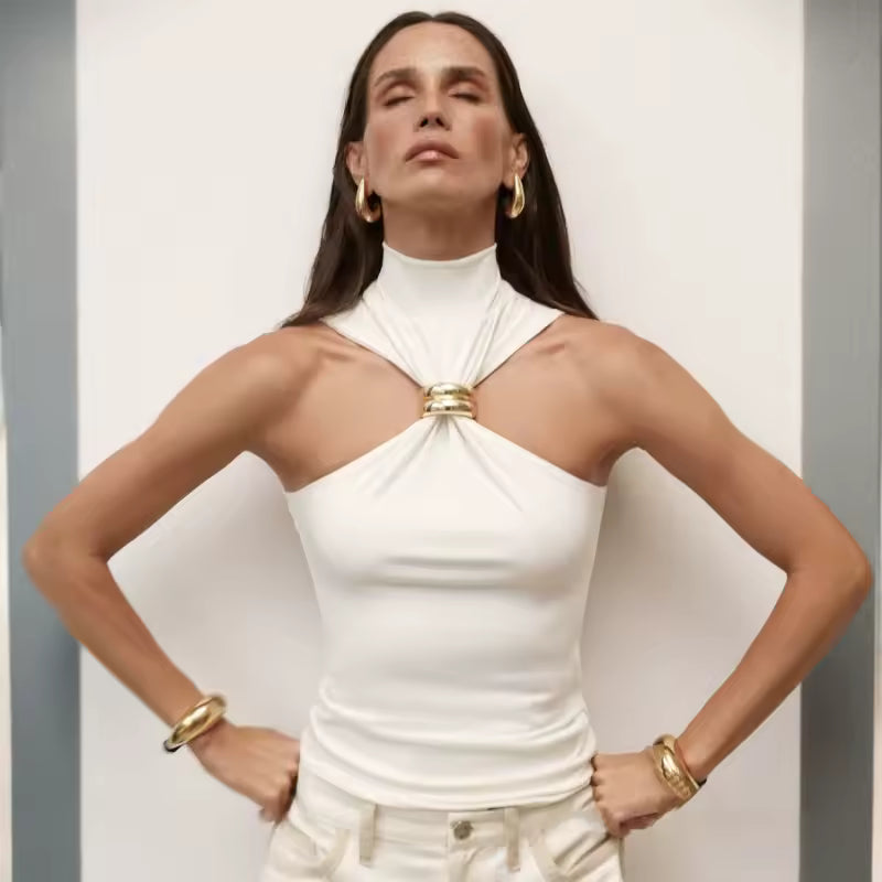 Metal Ring Solid Sleeveless Patchwork Vacation Slim Party Elegant Top Mssza