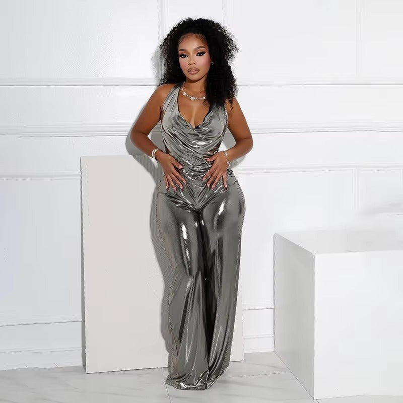 Metallic Shiny Halter Wide Leg Pleat Backless Skinny Midnight Club Jumpsuits Mssza