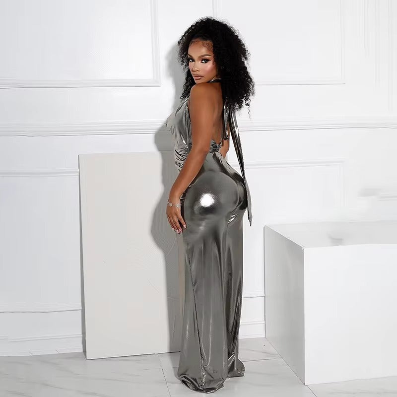 Metallic Shiny Halter Wide Leg Pleat Backless Skinny Midnight Club Jumpsuits Mssza