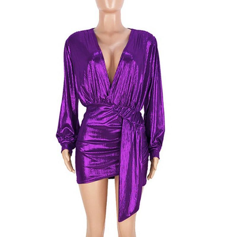 Metallic plunge party dress Lantern sleeve wrap dresses v neck sashes  dress Back ruched irregular mini vestido Mssaz Desses