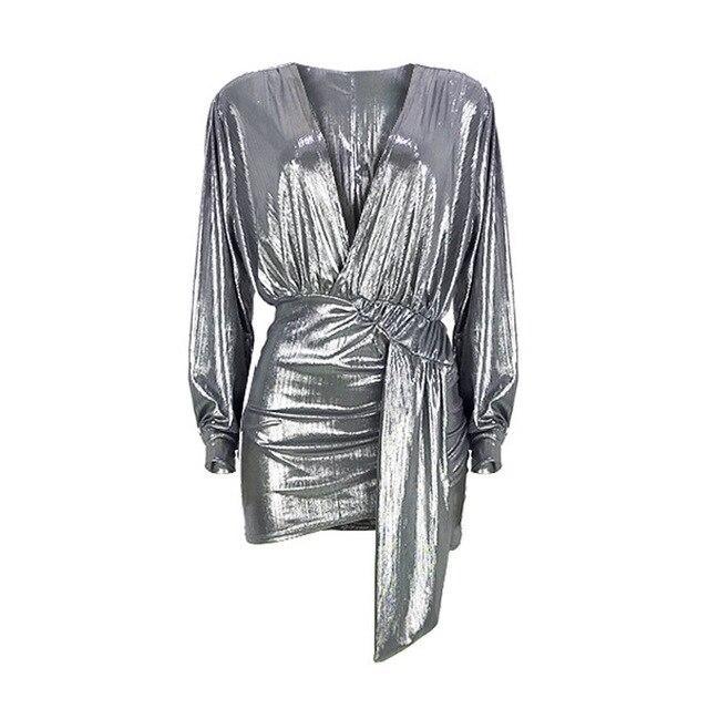 Metallic plunge party dress Lantern sleeve wrap dresses v neck sashes  dress Back ruched irregular mini vestido Mssaz Desses
