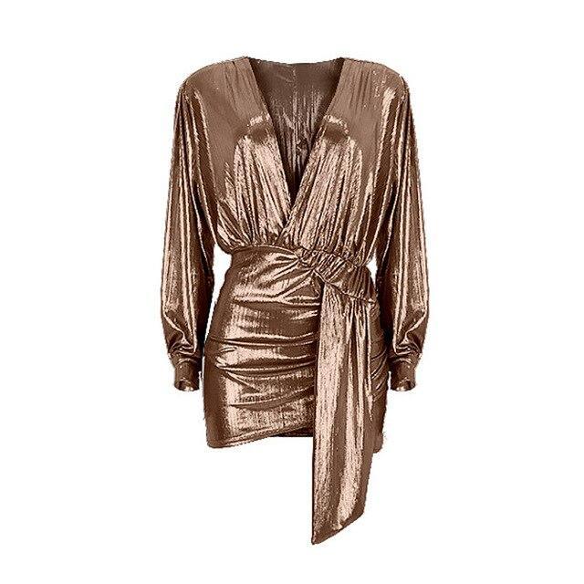 Metallic plunge party dress Lantern sleeve wrap dresses v neck sashes  dress Back ruched irregular mini vestido Mssaz Desses