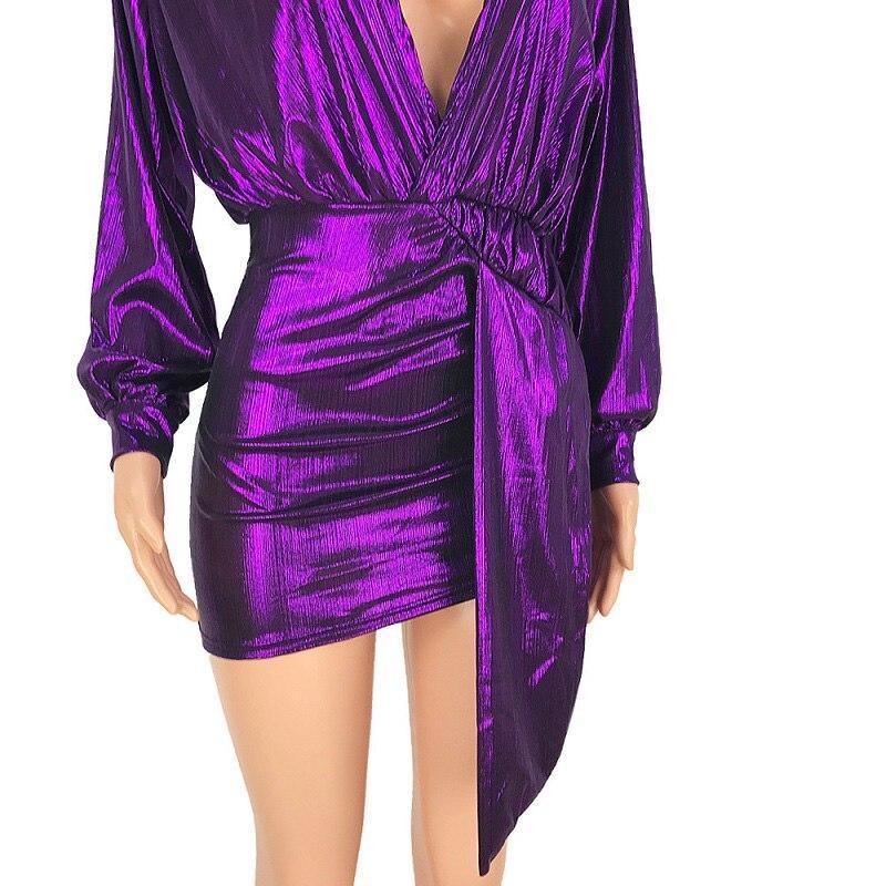 Metallic plunge party dress Lantern sleeve wrap dresses v neck sashes  dress Back ruched irregular mini vestido Mssaz Desses