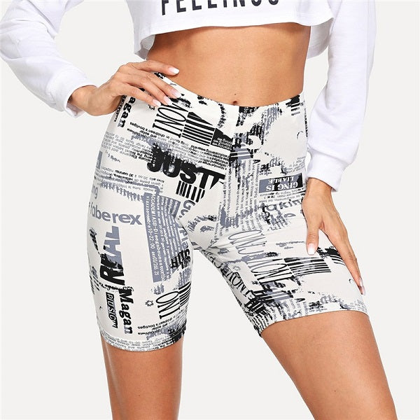 Modern Lady Allover Letter Print Cycling Crop Short Leggings Mssza
