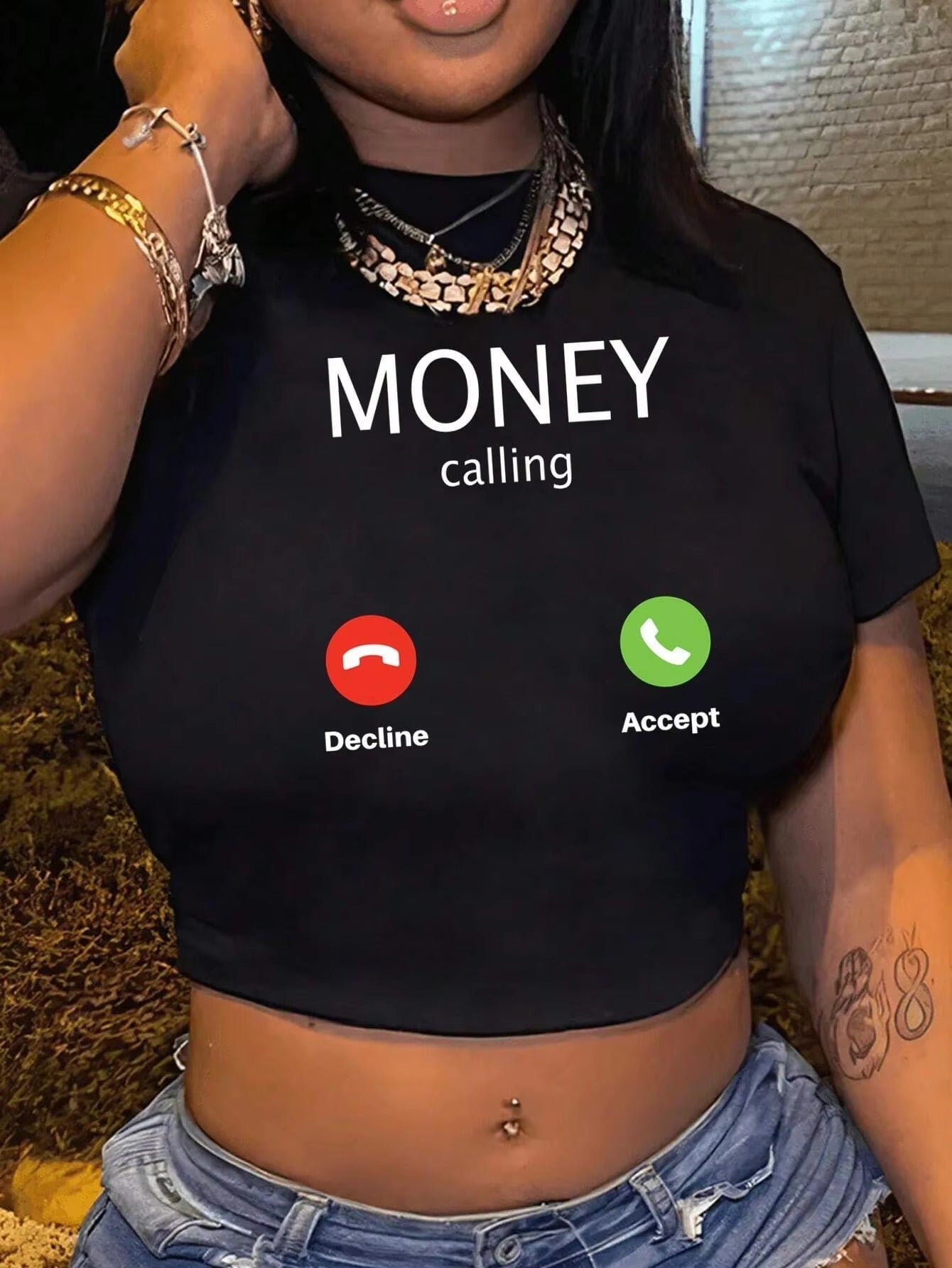 Money Calling Print Round Neck Short Sleeve Crop Top Mssza