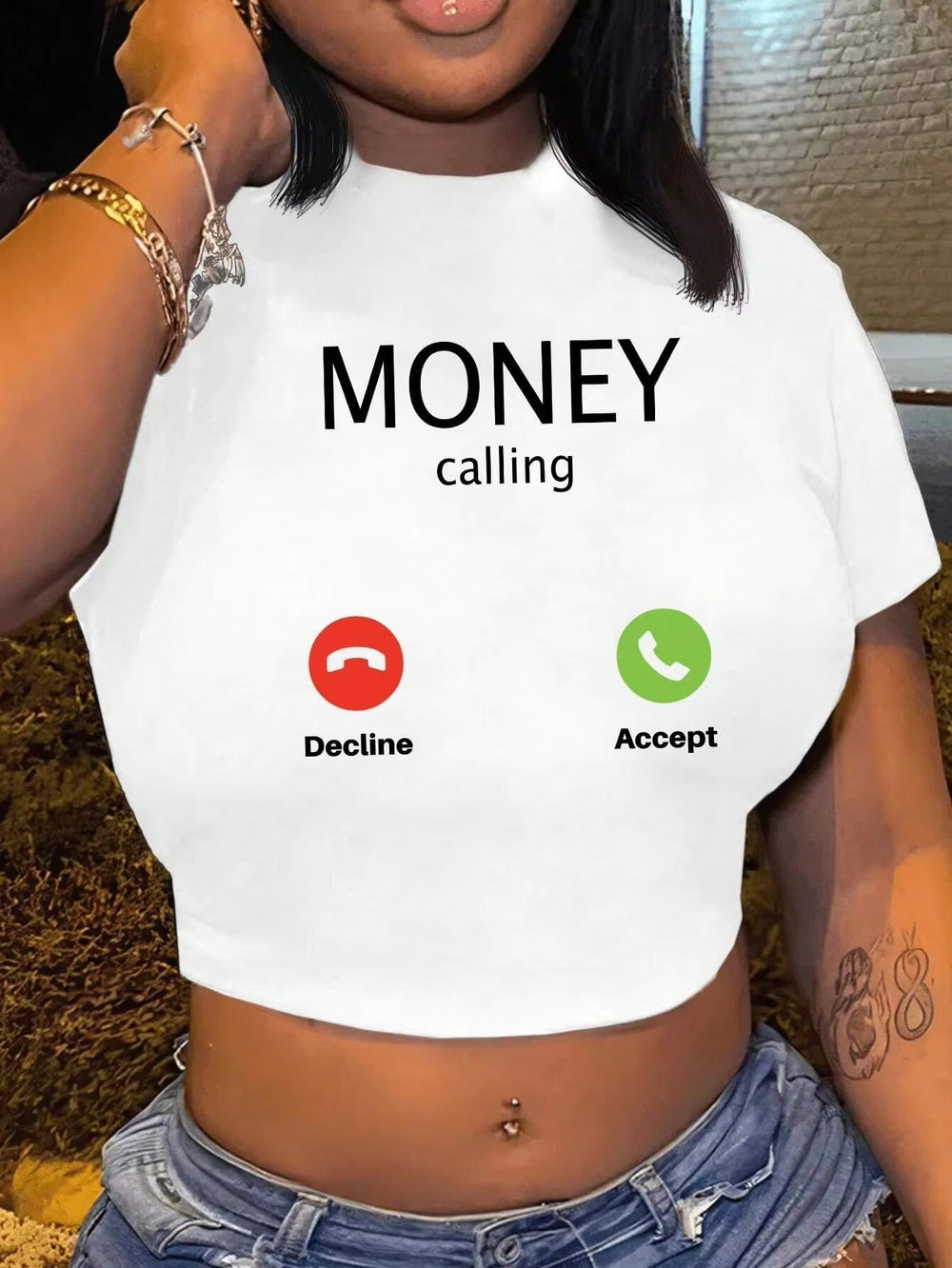 Money Calling Print Round Neck Short Sleeve Crop Top Mssza
