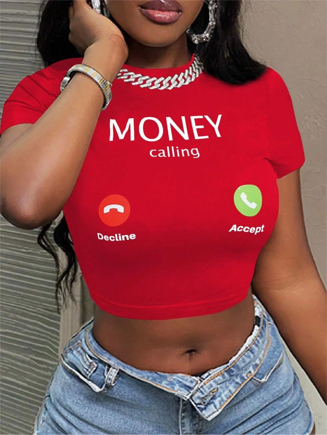 Money Calling Print Round Neck Short Sleeve Crop Top Mssza