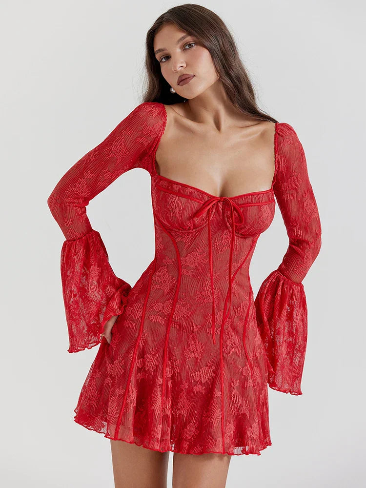 Backless Long Flare Sleeve Print Square Collar A-line Pleated  Lace Dress Mssaz Desses