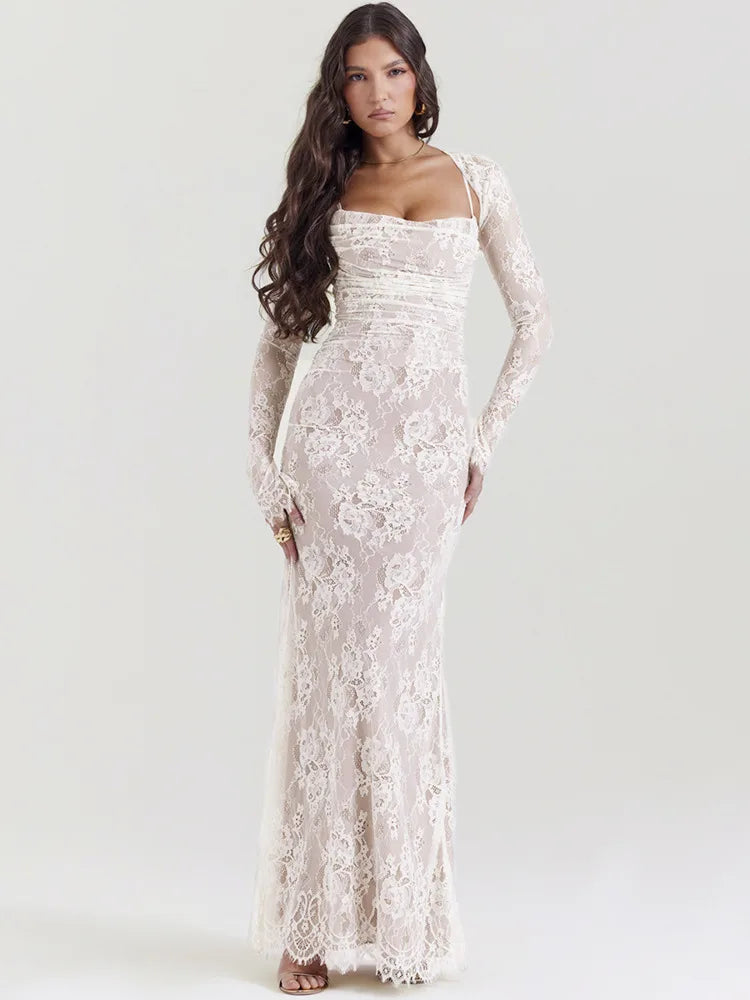 Lace Print Maxi Dress Set Spaghetti Strap Long Sleeve Lace Dress Mssaz Desses