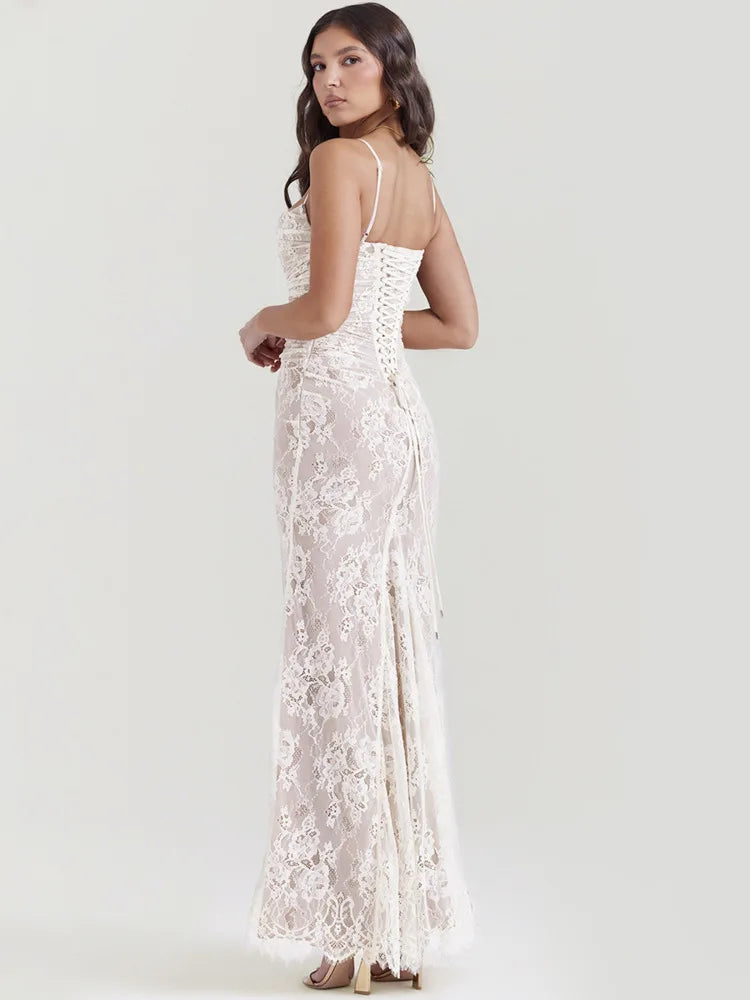 Lace Print Maxi Dress Set Spaghetti Strap Long Sleeve Lace Dress Mssaz Desses